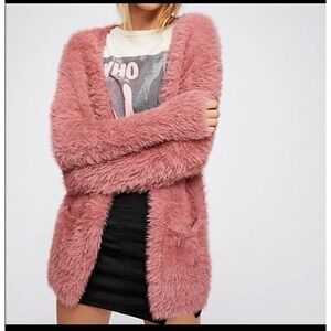 Free People Faux Fur Cardigan Dusty Rose Size Medium Boho Cozy Fuzzy Cottagecore